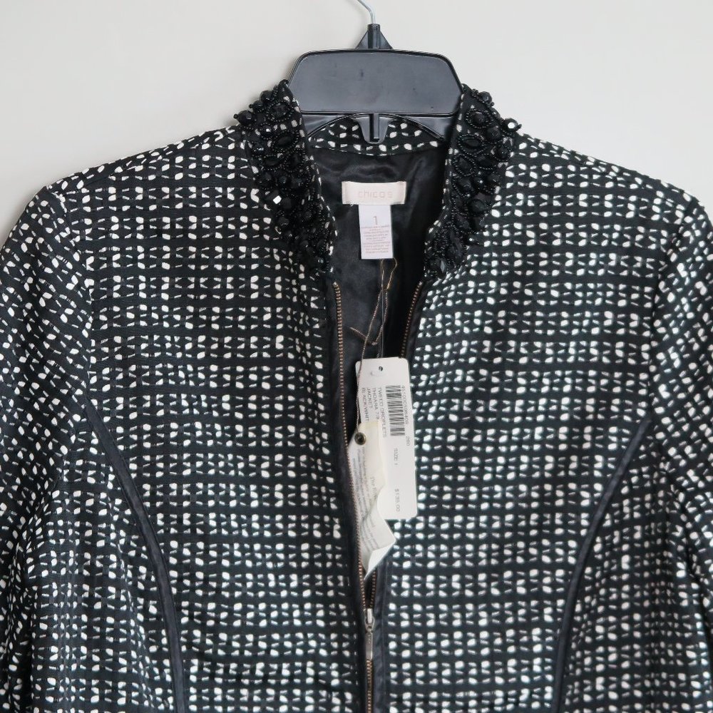 NWT Chico's Black/White Tweed Droplets "Thoara" Zip Jacket Size 1 (S/M) - Picture 3 of 8